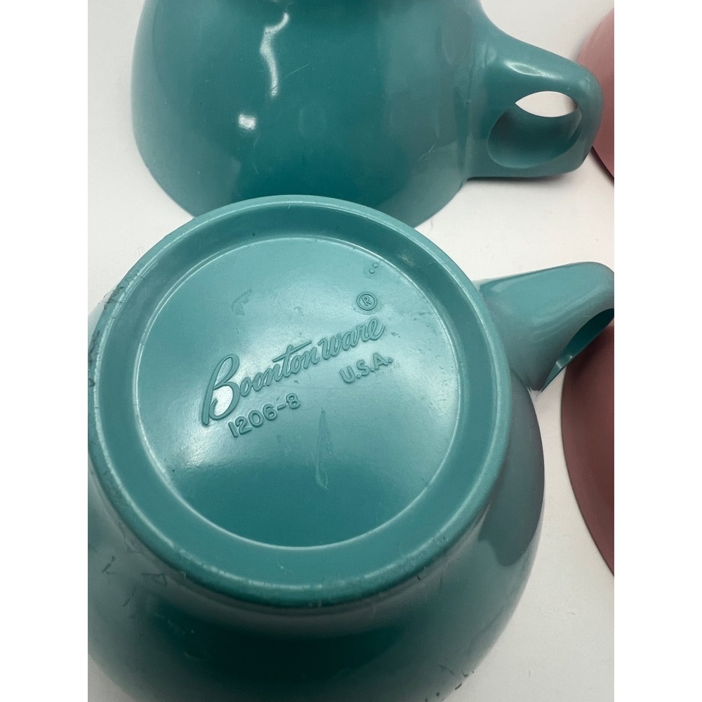BoontonWare Melamine Tea Cups Lot of 4 Pink Turquoise Teal USA Vtg MCM Kitsch - Picture 4 of 8